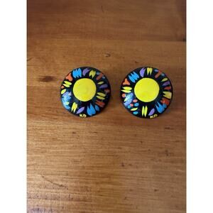 Signed KD Hand Painted Statement Earrings Large Colorful Retro Disc Artistic